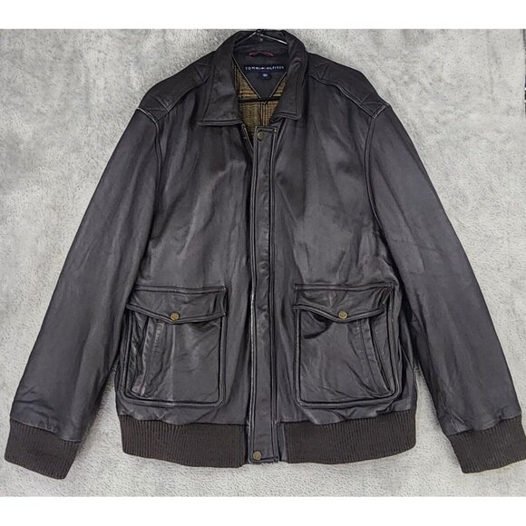 Tommy Hilfiger LeatherJacket Mens XXL Brown Full Zip Long Sleeve Vintage Bomber
